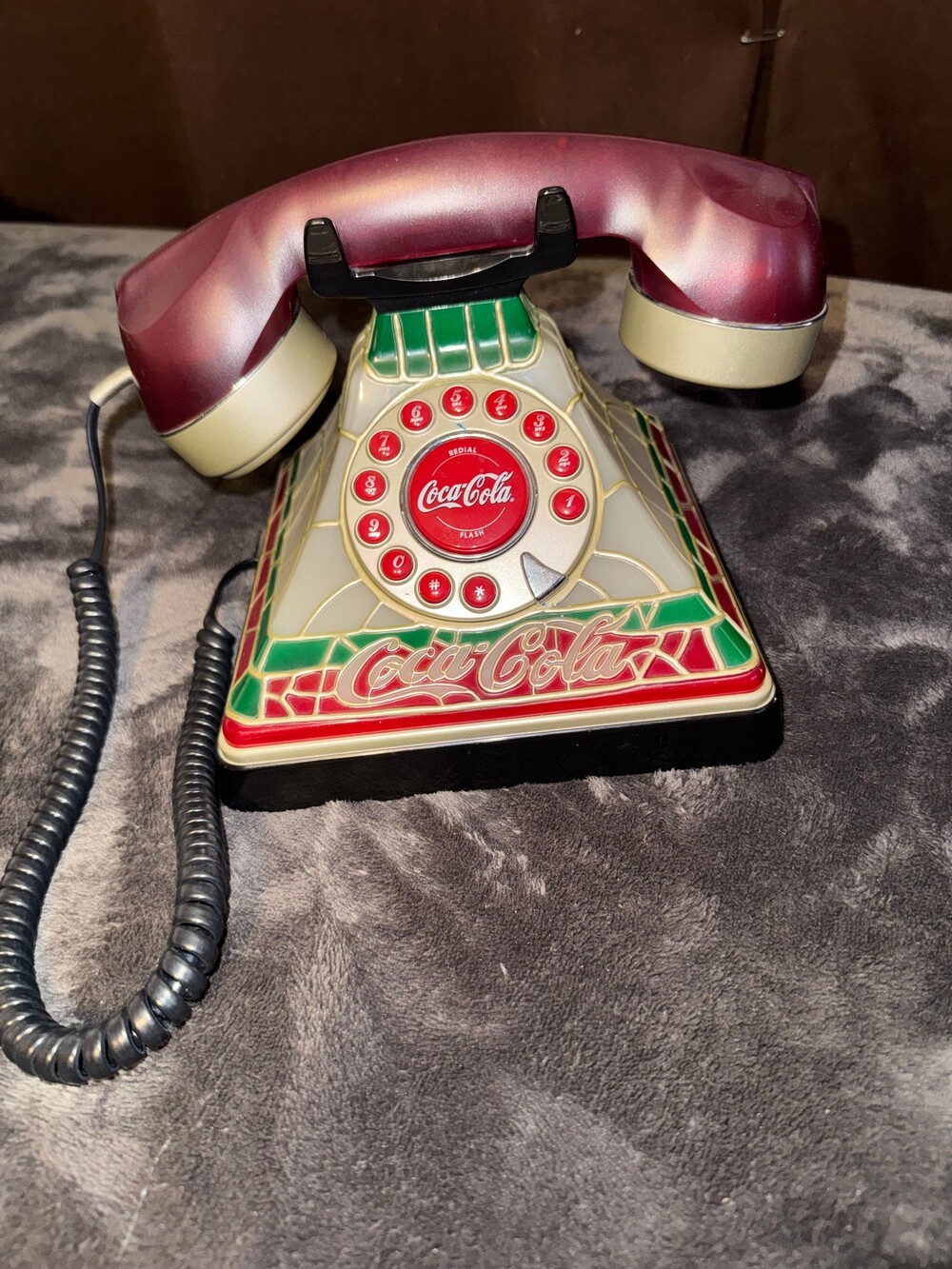 Coca-Cola Rotary Dial Telephone Stained Glass Style Red Green Cream
